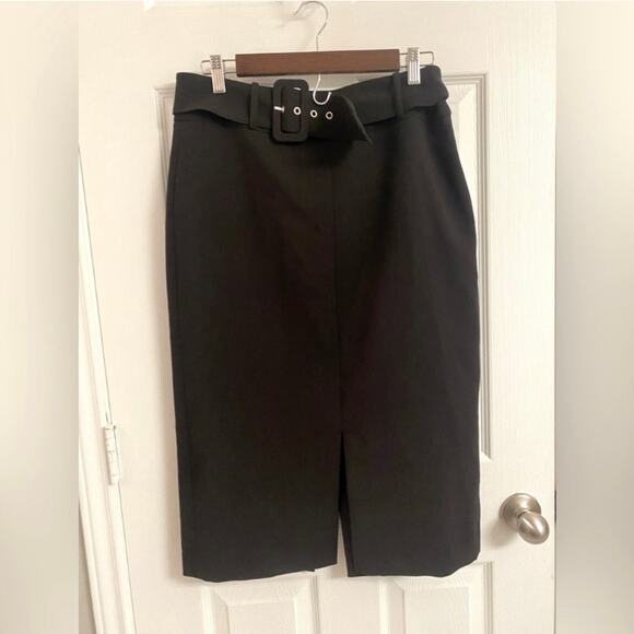 Nine West Belted Pencil Skirt Vented Black Career Wear Size 12 - Picture 1 of 8